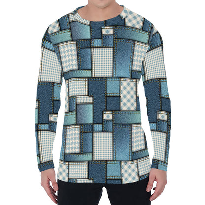 Plaid And Denim Patchwork Pattern Print Men's Long Sleeve T-Shirt