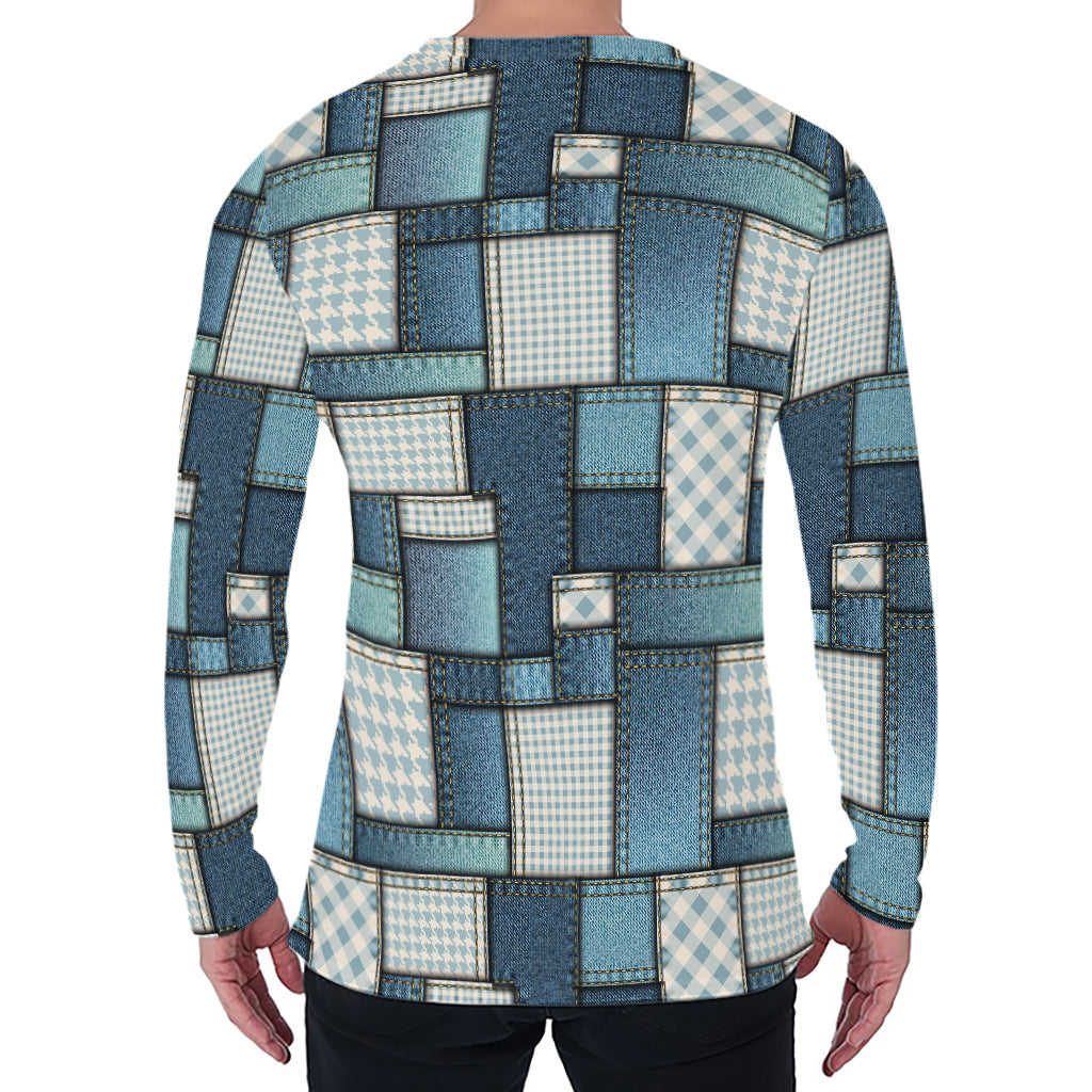 Plaid And Denim Patchwork Pattern Print Men's Long Sleeve T-Shirt