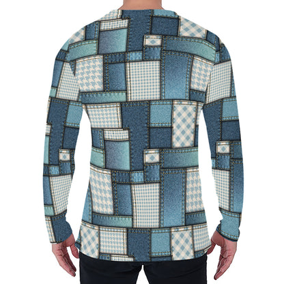 Plaid And Denim Patchwork Pattern Print Men's Long Sleeve T-Shirt