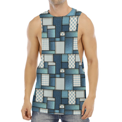 Plaid And Denim Patchwork Pattern Print Men's Muscle Tank Top