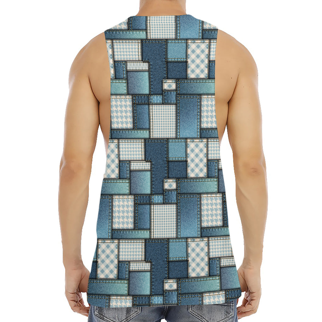 Plaid And Denim Patchwork Pattern Print Men's Muscle Tank Top