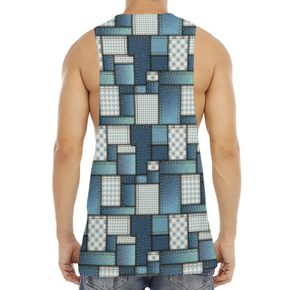 Plaid And Denim Patchwork Pattern Print Men's Muscle Tank Top