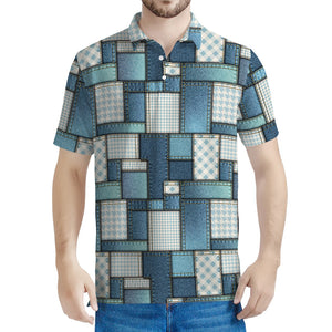 Plaid And Denim Patchwork Pattern Print Men's Polo Shirt