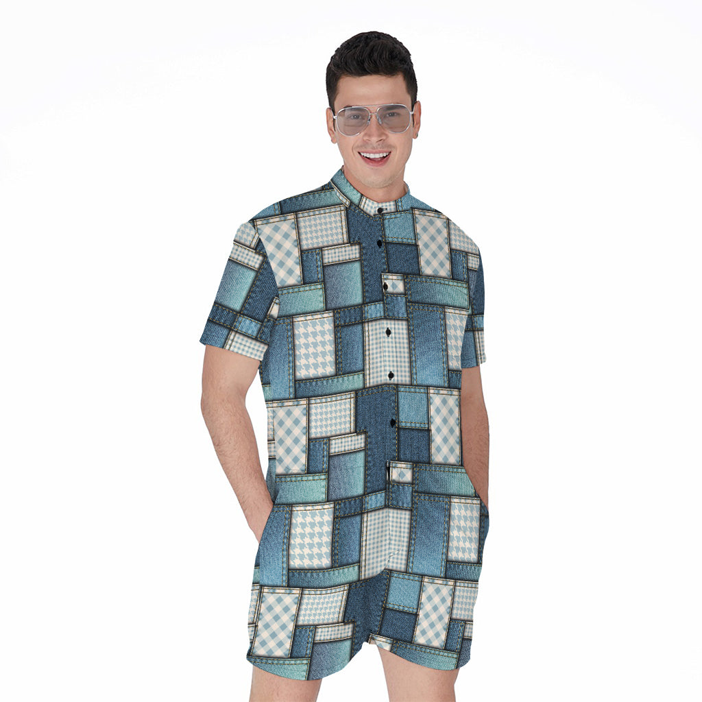 Plaid And Denim Patchwork Pattern Print Men's Rompers