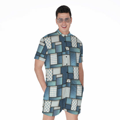Plaid And Denim Patchwork Pattern Print Men's Rompers
