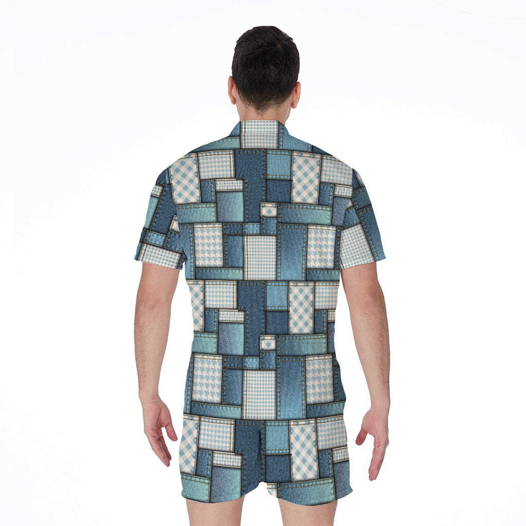 Plaid And Denim Patchwork Pattern Print Men's Rompers