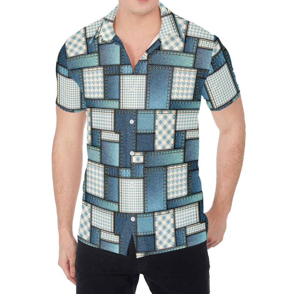 Plaid And Denim Patchwork Pattern Print Men's Shirt