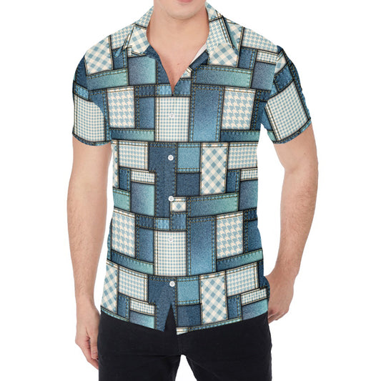 Plaid And Denim Patchwork Pattern Print Men's Shirt