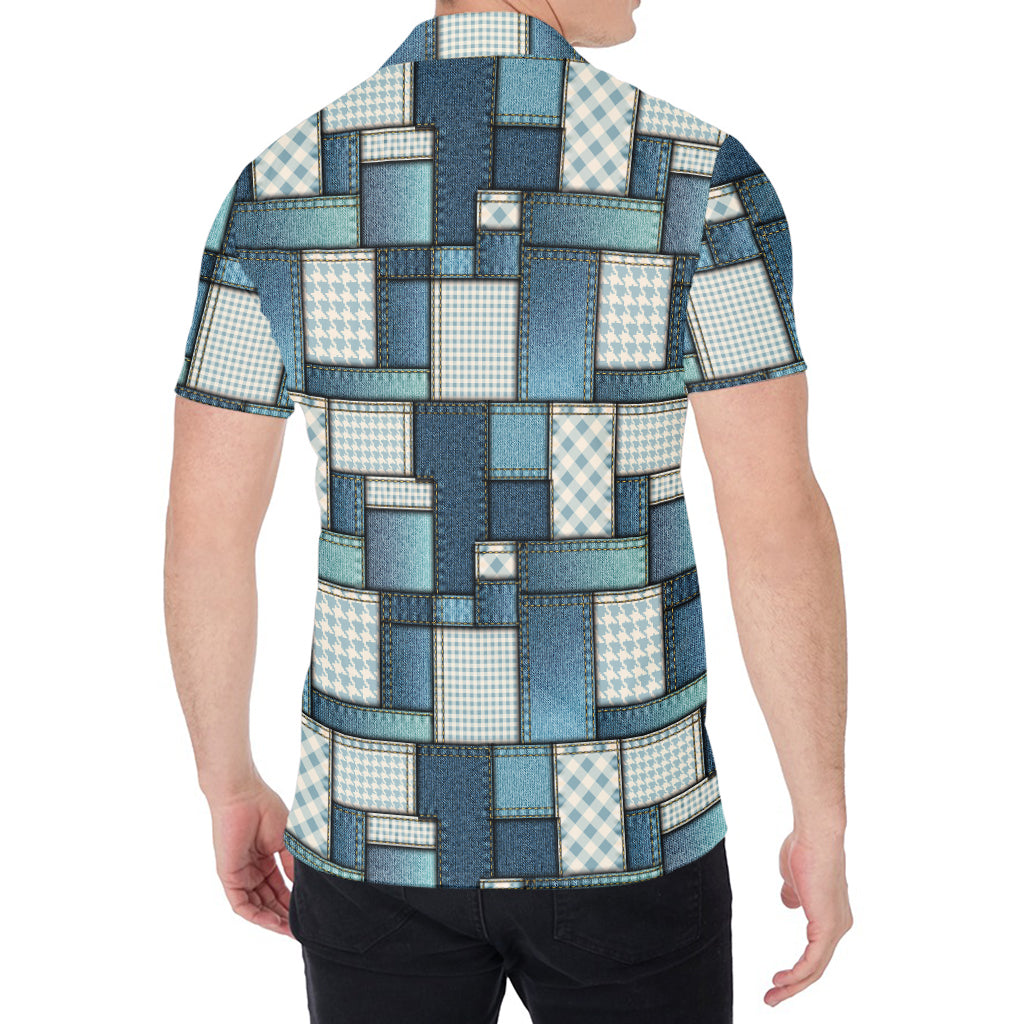 Plaid And Denim Patchwork Pattern Print Men's Shirt