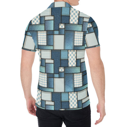 Plaid And Denim Patchwork Pattern Print Men's Shirt