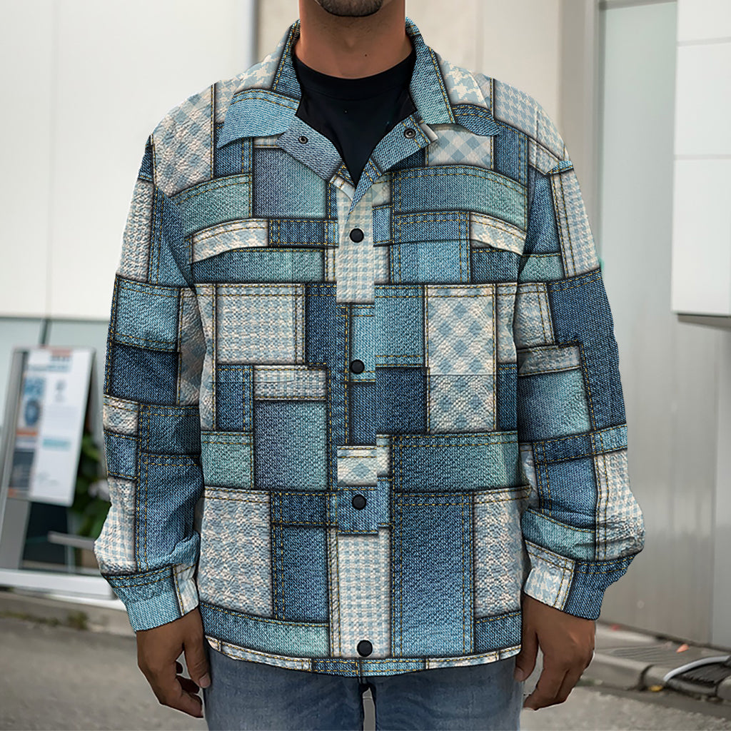 Plaid And Denim Patchwork Pattern Print Men's Shirt Jacket