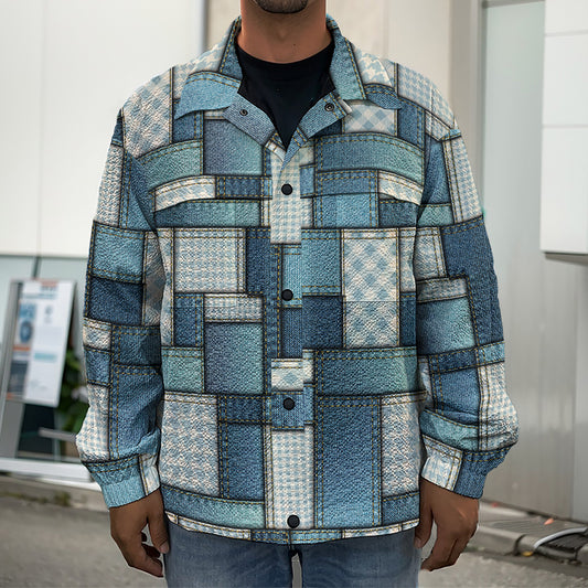 Plaid And Denim Patchwork Pattern Print Men's Shirt Jacket