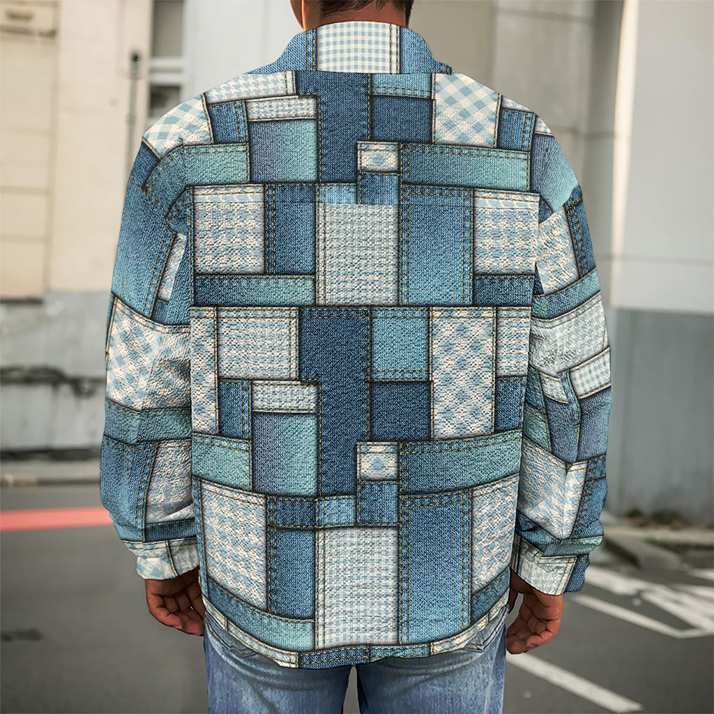 Plaid And Denim Patchwork Pattern Print Men's Shirt Jacket