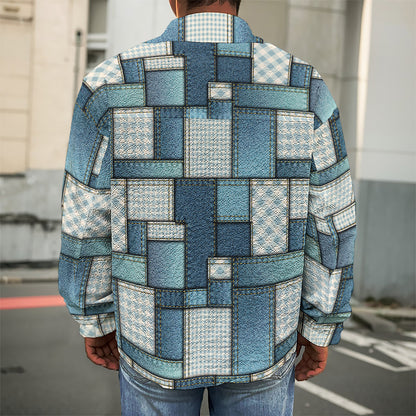 Plaid And Denim Patchwork Pattern Print Men's Shirt Jacket