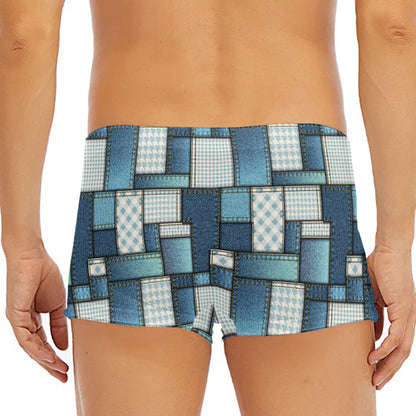 Plaid And Denim Patchwork Pattern Print Men's Short Boxer Briefs