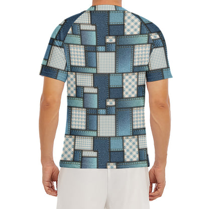 Plaid And Denim Patchwork Pattern Print Men's Short Sleeve Rash Guard