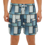 Plaid And Denim Patchwork Pattern Print Men's Split Running Shorts