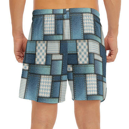 Plaid And Denim Patchwork Pattern Print Men's Split Running Shorts