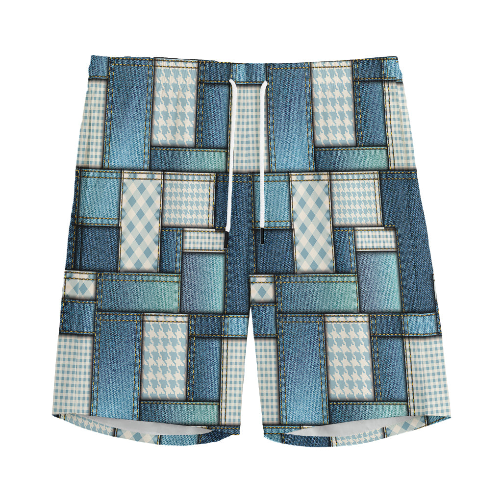 Plaid And Denim Patchwork Pattern Print Men's Sports Shorts