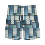 Plaid And Denim Patchwork Pattern Print Men's Sports Shorts