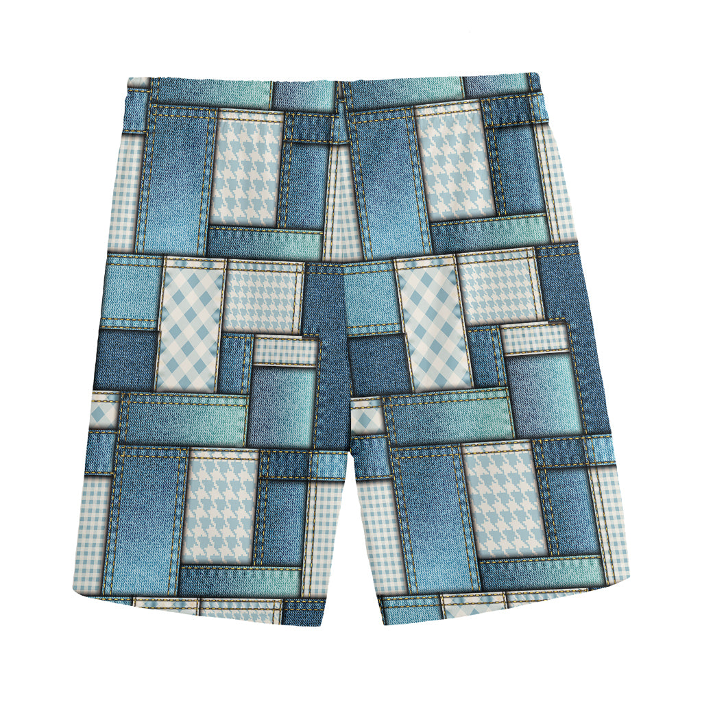 Plaid And Denim Patchwork Pattern Print Men's Sports Shorts