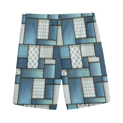 Plaid And Denim Patchwork Pattern Print Men's Sports Shorts