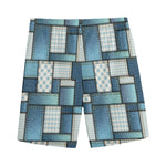 Plaid And Denim Patchwork Pattern Print Men's Sports Shorts