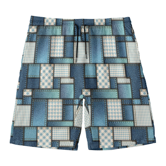 Plaid And Denim Patchwork Pattern Print Men's Swim Trunks