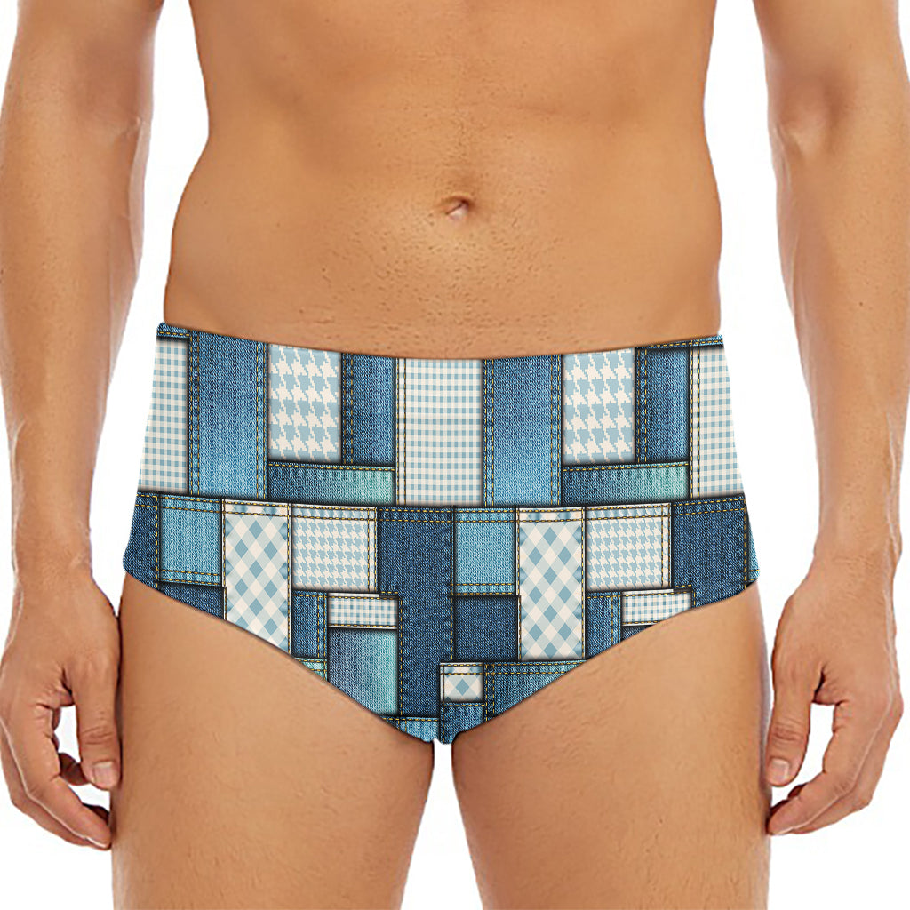 Plaid And Denim Patchwork Pattern Print Men's Triangle Swim Briefs