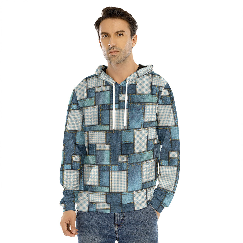 Plaid And Denim Patchwork Pattern Print Men's Velvet Pullover Hoodie
