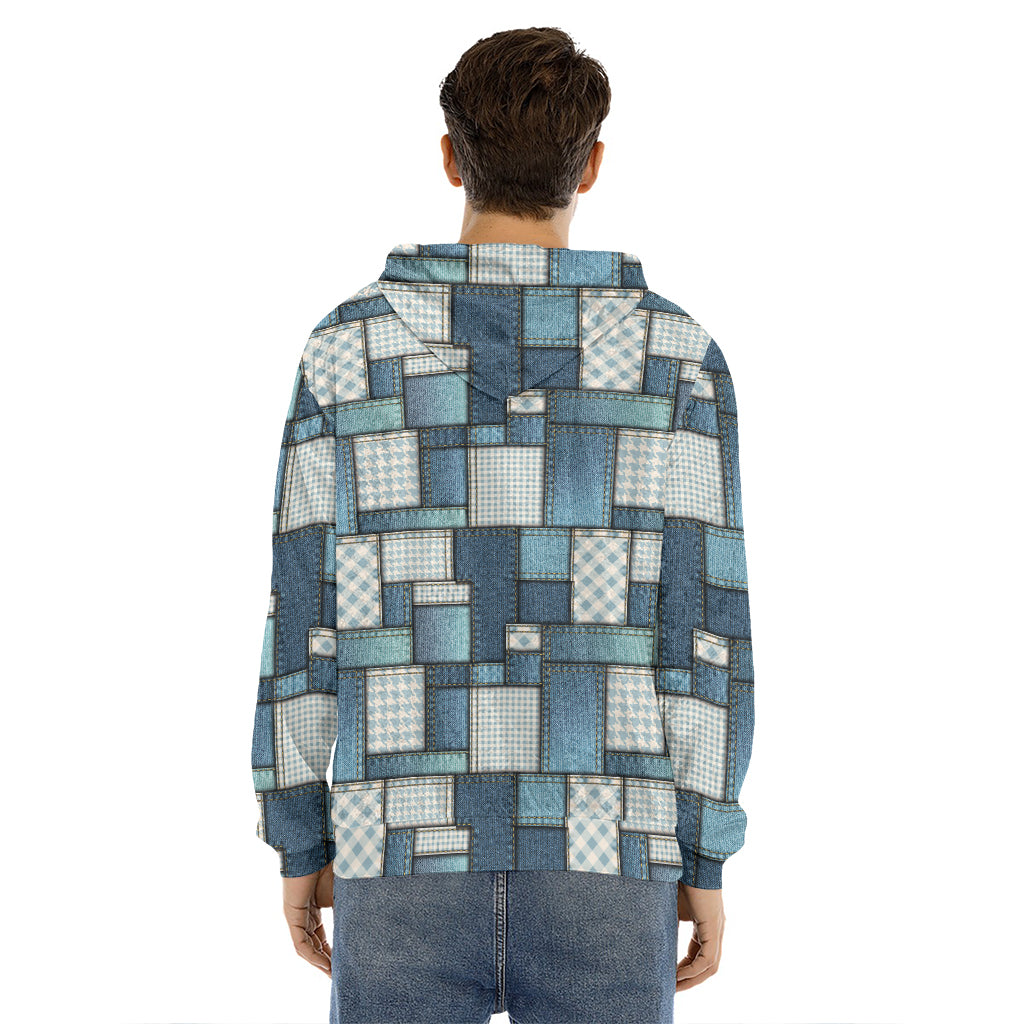 Plaid And Denim Patchwork Pattern Print Men's Velvet Pullover Hoodie