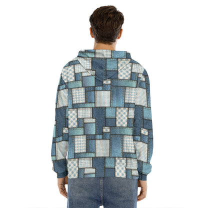 Plaid And Denim Patchwork Pattern Print Men's Velvet Pullover Hoodie