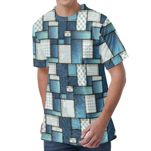 Plaid And Denim Patchwork Pattern Print Men's Velvet T-Shirt