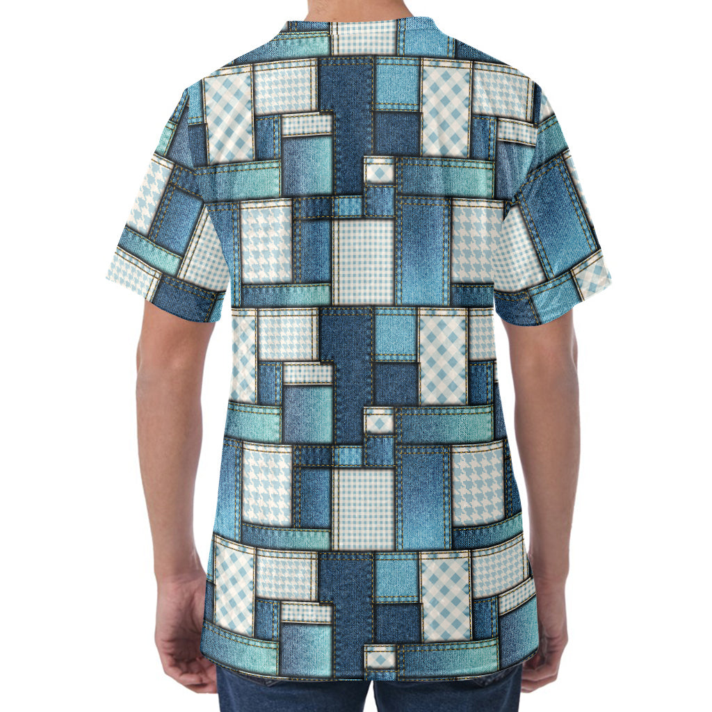 Plaid And Denim Patchwork Pattern Print Men's Velvet T-Shirt