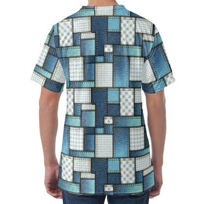 Plaid And Denim Patchwork Pattern Print Men's Velvet T-Shirt