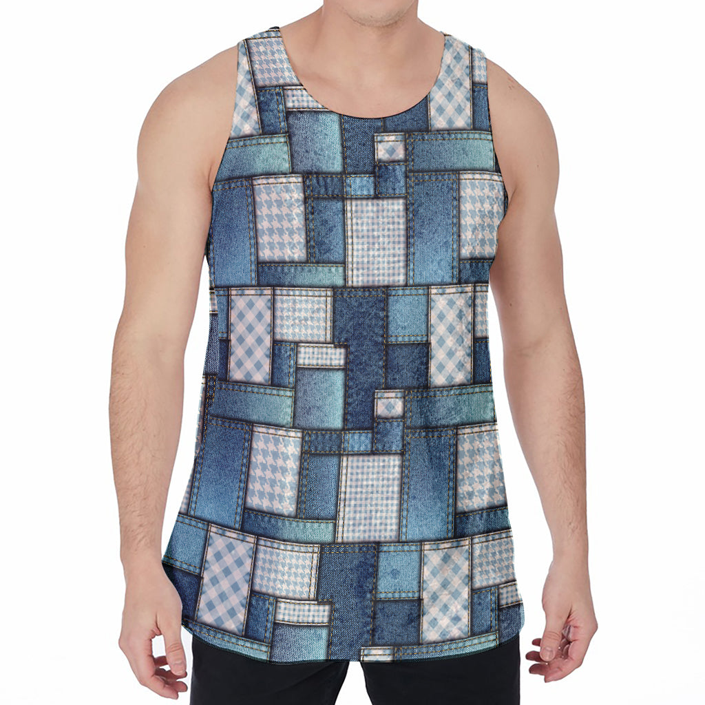 Plaid And Denim Patchwork Pattern Print Men's Velvet Tank Top