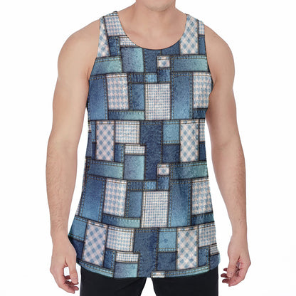 Plaid And Denim Patchwork Pattern Print Men's Velvet Tank Top