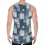 Plaid And Denim Patchwork Pattern Print Men's Velvet Tank Top