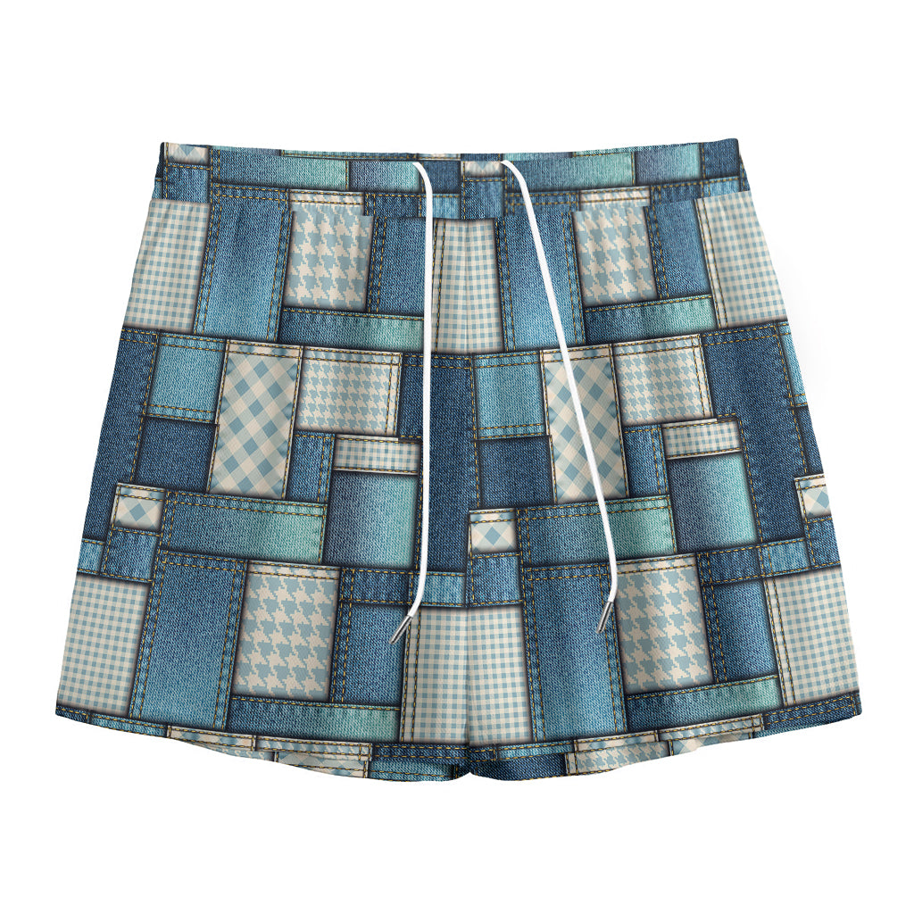 Plaid And Denim Patchwork Pattern Print Mesh Shorts