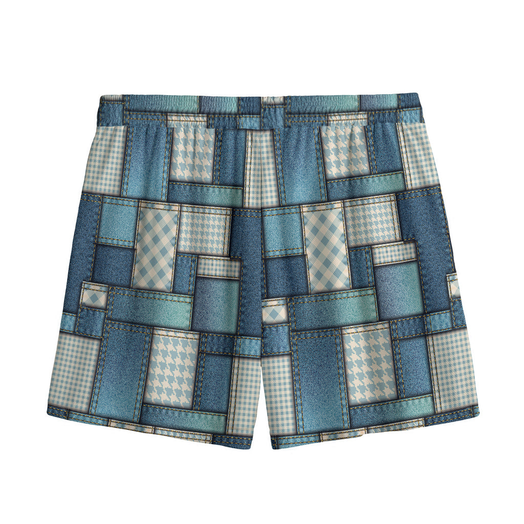Plaid And Denim Patchwork Pattern Print Mesh Shorts