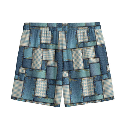 Plaid And Denim Patchwork Pattern Print Mesh Shorts