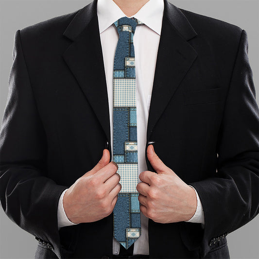 Plaid And Denim Patchwork Pattern Print Necktie