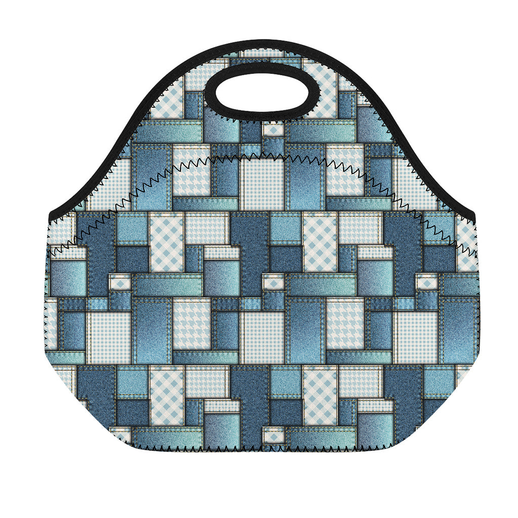 Plaid And Denim Patchwork Pattern Print Neoprene Lunch Bag