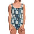 Plaid And Denim Patchwork Pattern Print One Piece Swimsuit