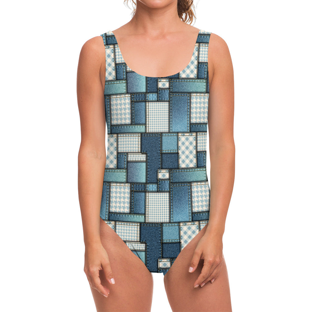 Plaid And Denim Patchwork Pattern Print One Piece Swimsuit