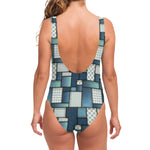 Plaid And Denim Patchwork Pattern Print One Piece Swimsuit