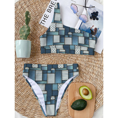 Plaid And Denim Patchwork Pattern Print One Shoulder Bikini Top