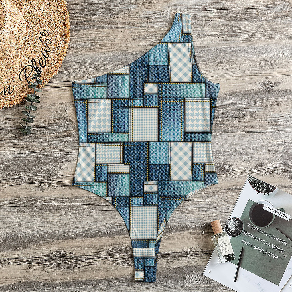 Plaid And Denim Patchwork Pattern Print One Shoulder Bodysuit