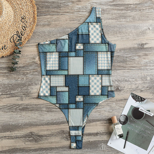 Plaid And Denim Patchwork Pattern Print One Shoulder Bodysuit