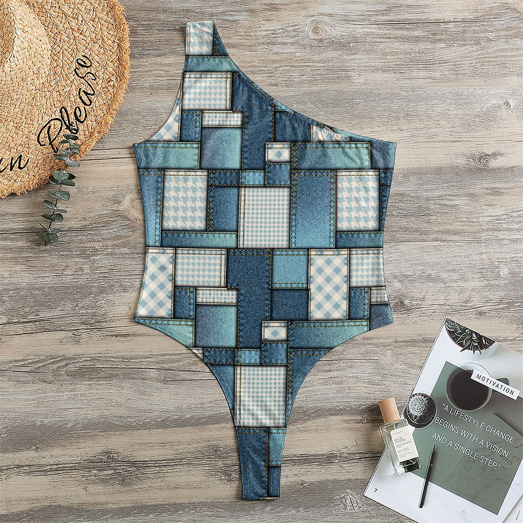Plaid And Denim Patchwork Pattern Print One Shoulder Bodysuit